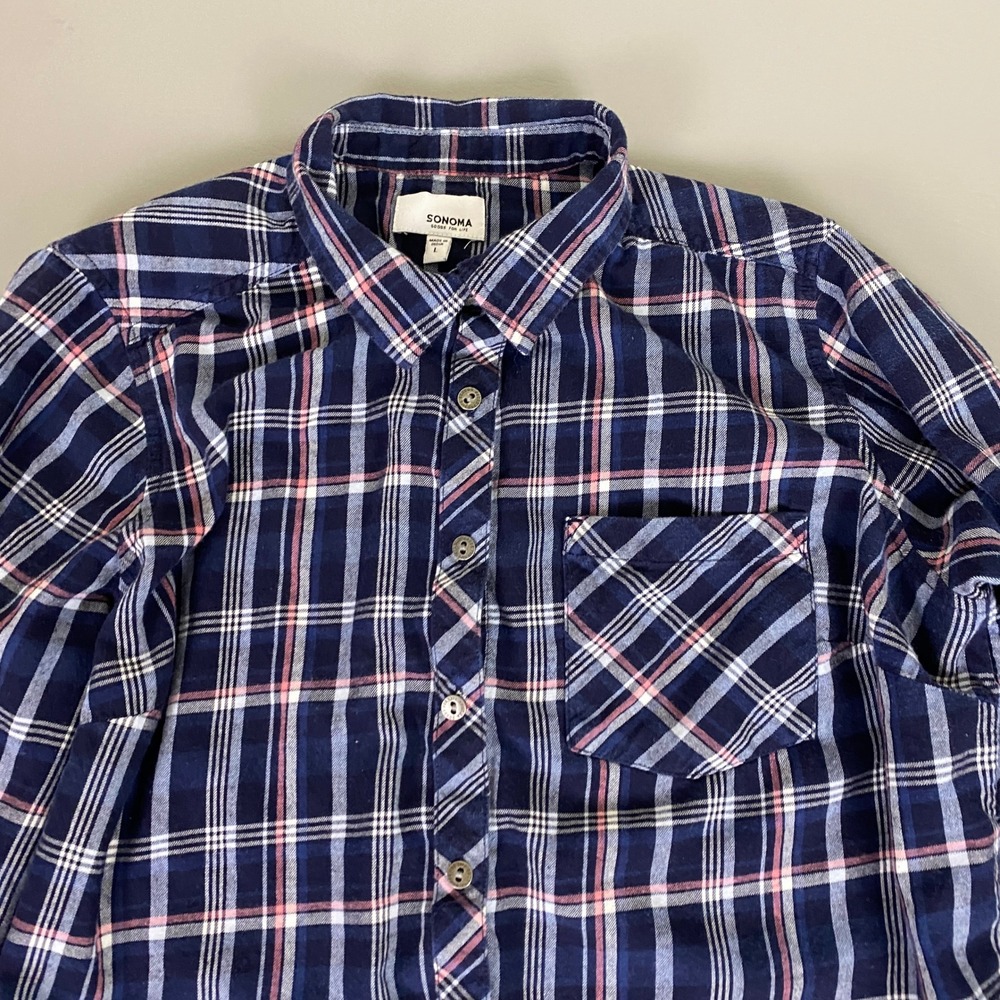Sonoma Flannel Shirt Women's Size Large‎ Blue Red White Plaid Button Down Shirt - Picture 2 of 9